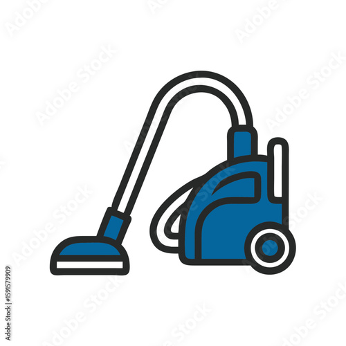 Vacuum cleaner in modern design with blue accents and hose  