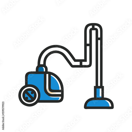 Illustration of a blue vacuum cleaner with hose and nozzle  