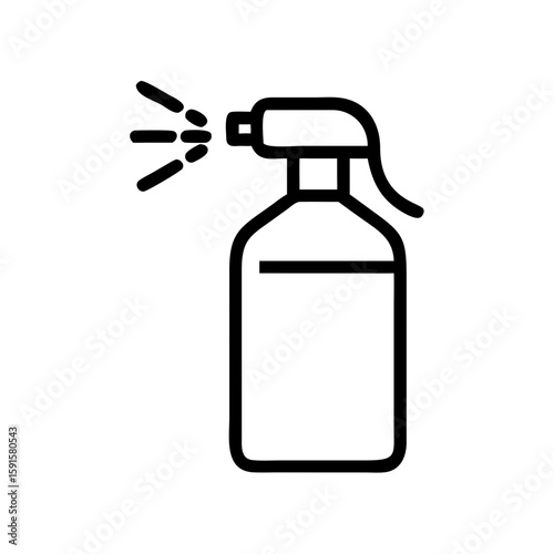 Cleaning spray bottle with nozzle spraying liquid in black outline  