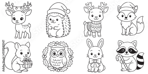 Cute animals wearing festive holiday attire deer hedgehog coloring page