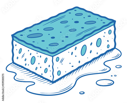 Cleaning sponge with water droplets in simple blue illustration  