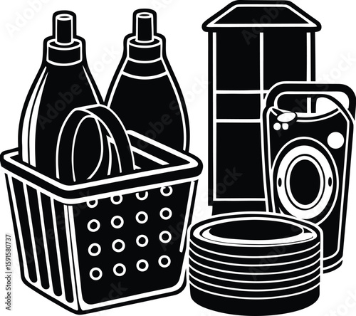 A diverse collection of household items, including kitchen tools and appliances, alongside various beverage containers like wine and beer bottles, glasses, and other liquid containers, crock, carafe