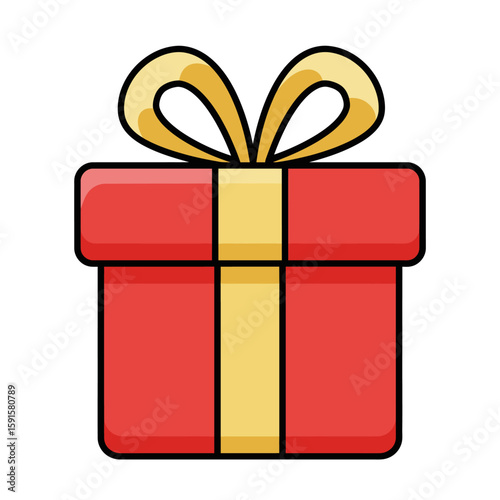 Cartoon illustration of a red gift box with a yellow ribbon and bow, outlined in black.