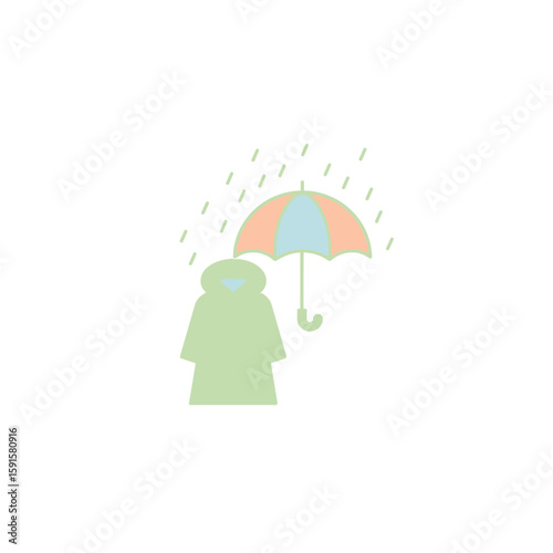 A person in a raincoat sheltered by an umbrella in the rain.
