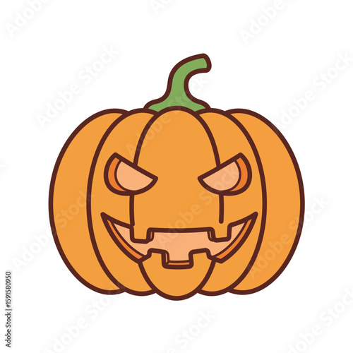 Cartoon illustration of a carved pumpkin with an evil face, ready for Halloween.