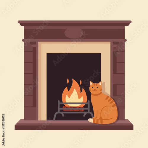 A cozy fireplace with a ginger cat, warm flames, and classic design.