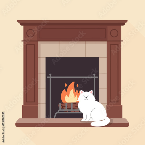 A fluffy white cat rests peacefully before a warm, burning fireplace in a cozy home setting.