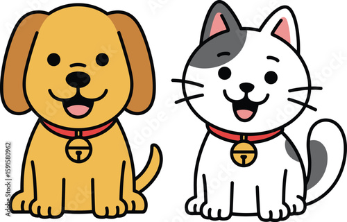 PrintCute cartoon dog and cat vector illustration, adorable happy pets, funny puppy kitty art, pet lovers drawing, smiling animal design