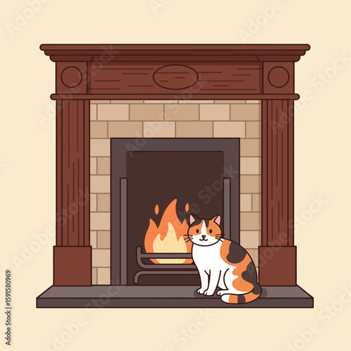 A calico cat sits peacefully in front of a cozy, lit fireplace.