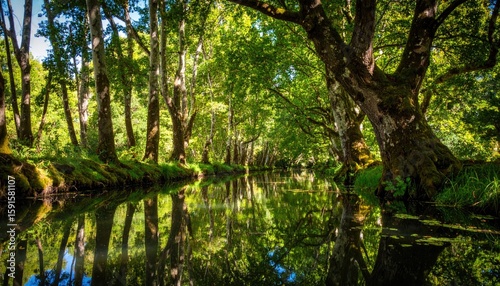 Sunlight filters through a lush forest reflected in a calm river