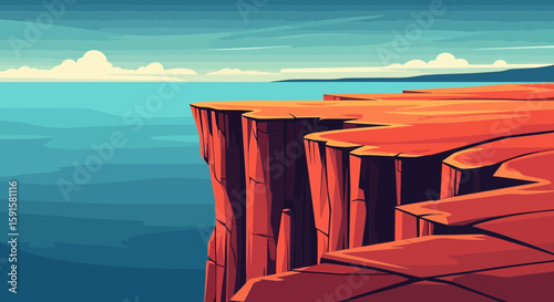 Cliff Edge Vector of majestic red rock cliffs towering over a calm blue ocean, depicting a striking natural coastal landscape.