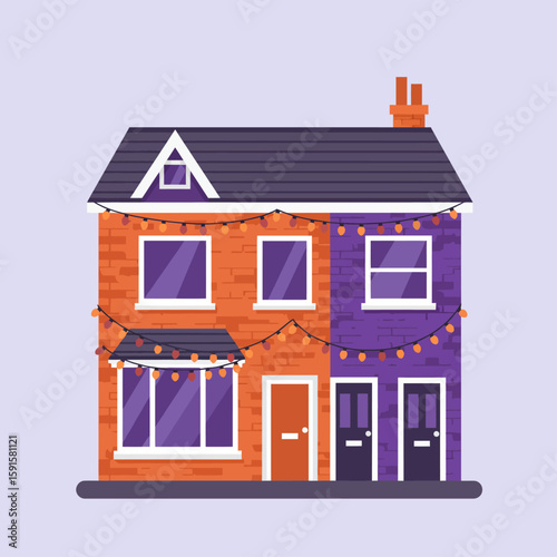Two-toned house decorated with Halloween string lights, charming facade.