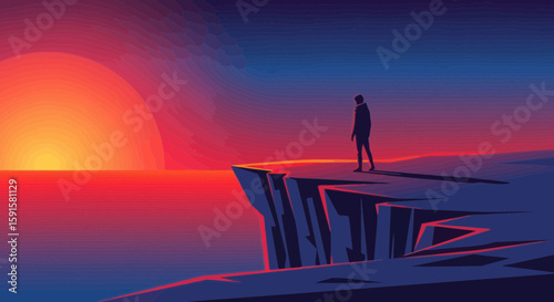 Cliff Edge Vector of a person standing on a cliff edge, silhouetted against a breathtaking sunset over the ocean, evoking peace and beauty.
