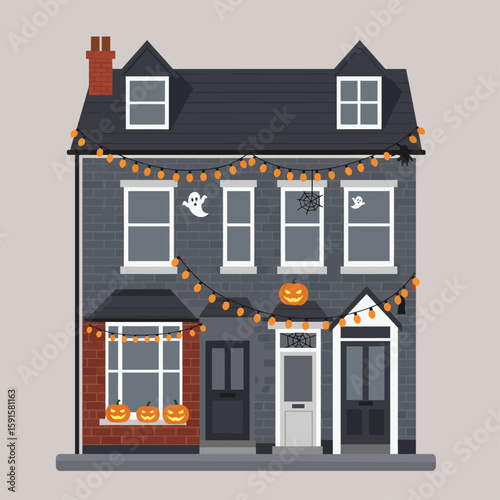 A charming, grey terraced house festively decorated for Halloween with pumpkins, string lights, and ghostly figures.