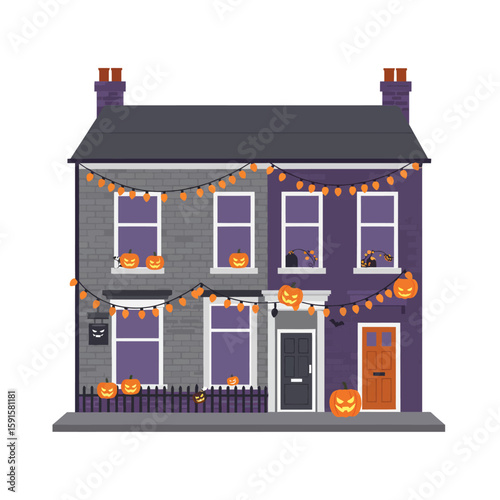 Illustration of a decorated house with Halloween pumpkins and festive lights, ready for the holiday.