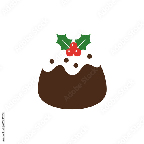 A festive Christmas pudding illustration with white frosting and holly berries on top.