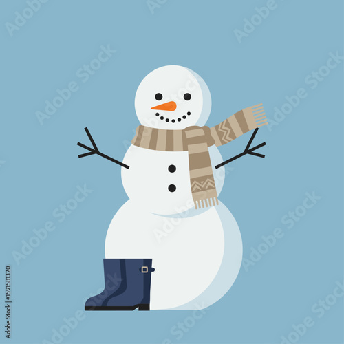 Cartoon snowman wearing a scarf and boots, cheerful winter design.