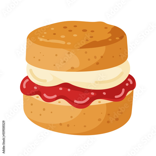 A delectable scone, layered with creamy clotted cream and vibrant strawberry jam.
