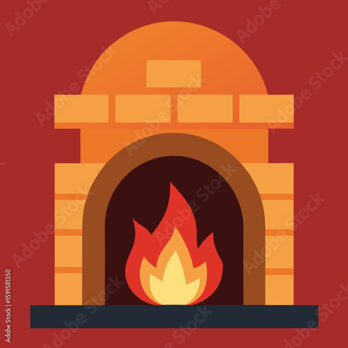 Flat illustration of a cozy fireplace with burning flames on a red background