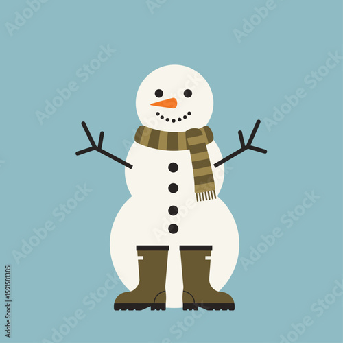 A cheerful snowman with a striped scarf and boots stands against a light blue background.