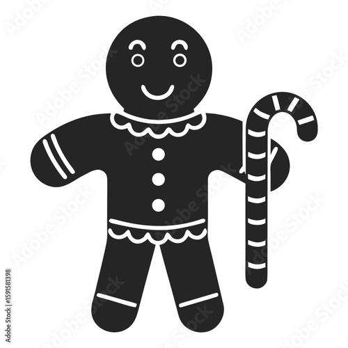 Black gingerbread man silhouette holding candy cane christmas holiday illustration