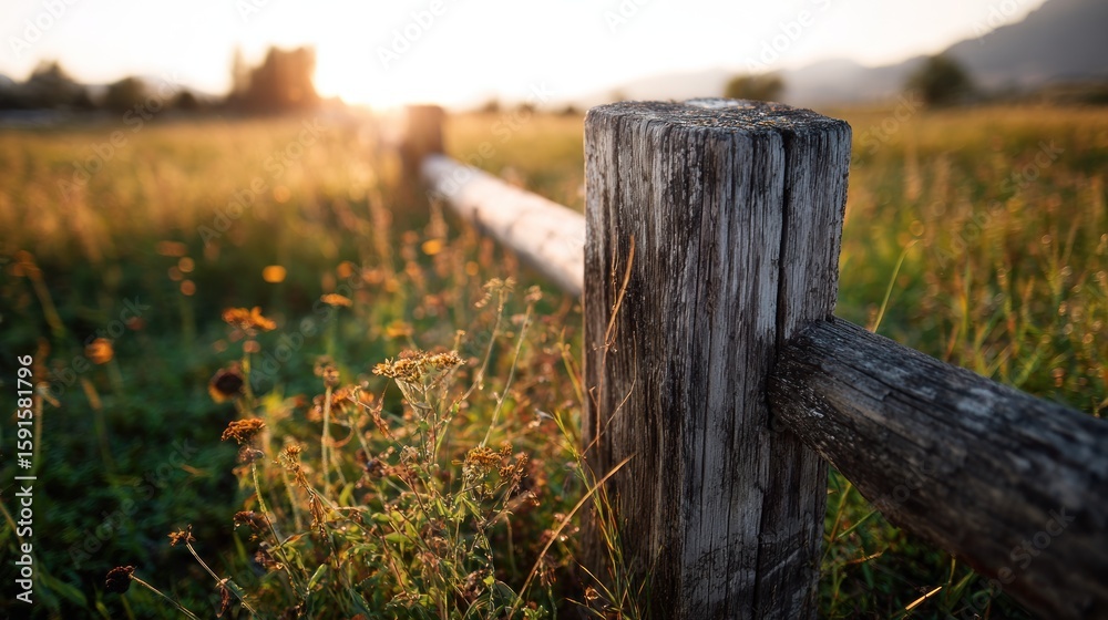 Fototapeta premium Rustic wooden fence post in a field at sunset