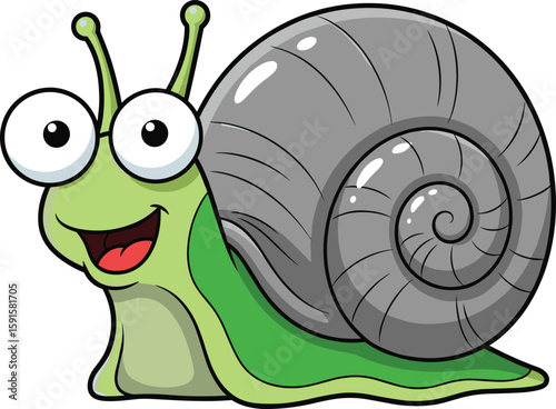 Cute cartoon snail with big eyes, green body, gray spiral shell, smiling face, funny animal character, isolated white background