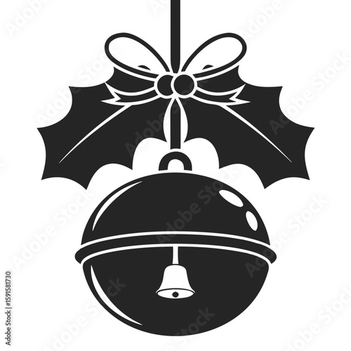 Elegant black silhouette sleigh bell design with festive holly and bow elements