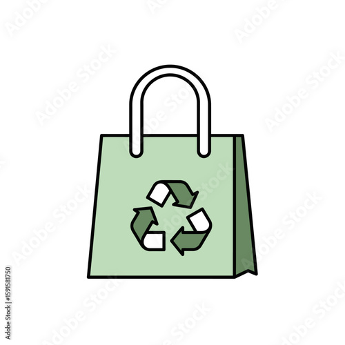 A green shopping bag with a recycling symbol, promoting environmental consciousness.