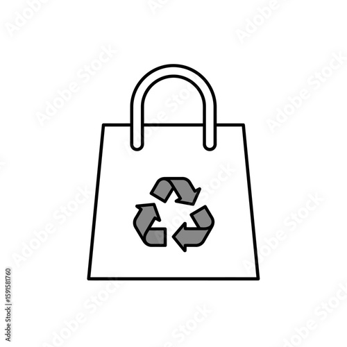 Simple line drawing of a shopping bag with a recycle symbol on the front.