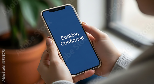 Person holding smartphone with booking confirmed message on screen showing reservation details