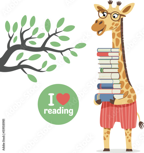 Cute giraffe wearing glasses holding stack of books, cartoon illustration for kids education, reading motivation, tree branch, love reading