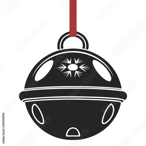 Elegant black sleigh bell silhouette design with red ribbon for winter holiday decorations