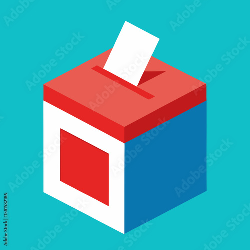 Isometric illustration of a ballot box with a paper vote symbolizing elections