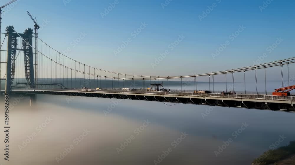 Morning fog lifting over a suspension bridge under construction with cable towers and cranes. Modern engineering timelapse footage. Morning fog lifting over a suspension bridge under construction with cable towers and cranes. Modern engineering timelapse footage.
