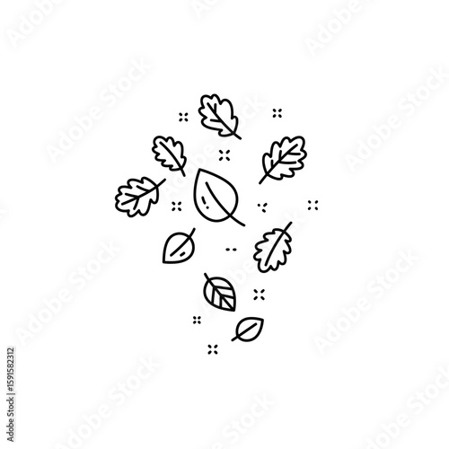 Simple black and white line art illustration of falling leaves.
