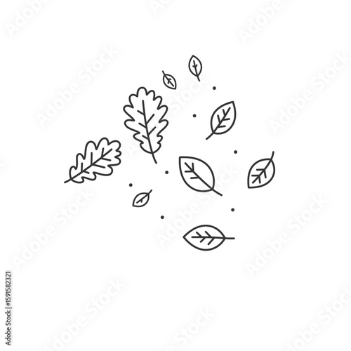 Minimalist line art illustration of scattered leaves and dots on a white background.