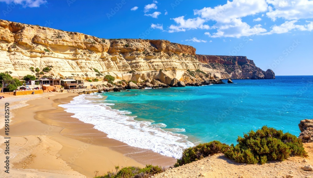 Fototapeta premium Sunny beach scene with turquoise water and cliffs