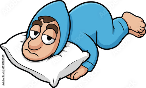 PrintFunny cartoon tired man in blue pajamas, lying on pillow, exhausted sleepy expression, vector character illustration for humor and design