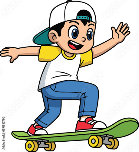 Happy cartoon boy riding skateboard, cute skater kid character, outdoor sport activity, smiling child in cap, fun illustration