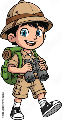 Happy cartoon boy explorer with backpack and binoculars, jungle safari kid character, outdoor adventure illustration, smiling young traveler