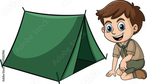 Happy cartoon boy scout sitting near green camping tent, outdoor adventure, fun summer camp activity, nature exploration, isolated background