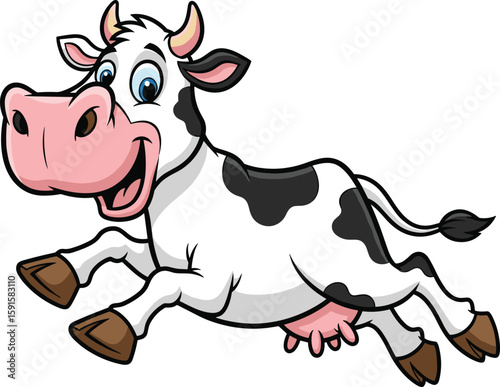 Happy cartoon cow jumping in air, cute farm animal illustration, funny black and white dairy cow, vector children clipart
