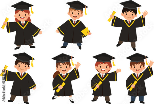 Happy cartoon kids in graduation gowns, holding diplomas, school ceremony celebration, cute vector illustration, education success, student design