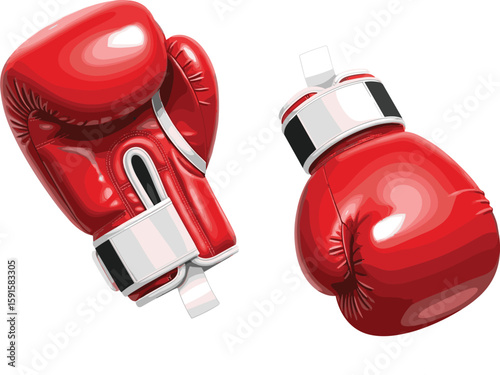 Realistic red boxing gloves pair, shiny leather sports equipment, martial arts fighting gear, training fitness accessory illustration design
