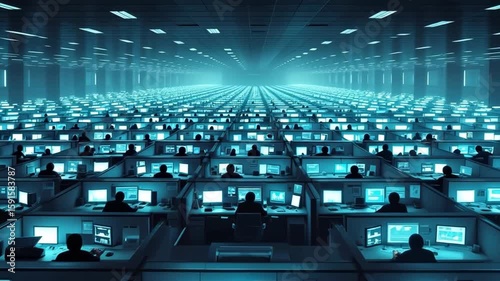 Vast office space with rows of employees working on computers.