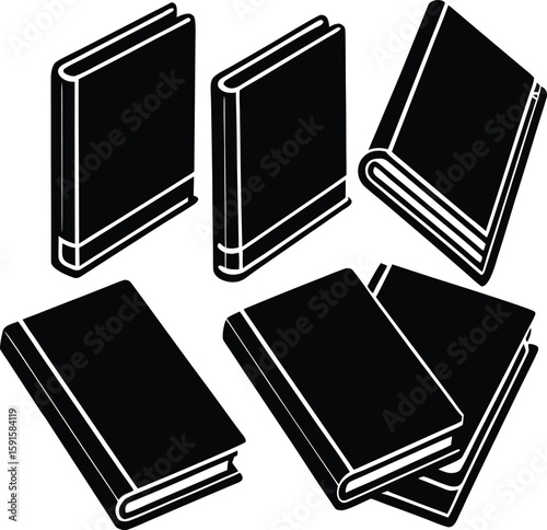 A collection of black and white books with photo frames, some open like a notebook, others isolated as objects for reading, page, inspiration, imagination, composition