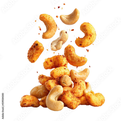 Spicy, roasted cashews and crunchy snacks in mid-air, cascading onto a pile below, with visible seasoning