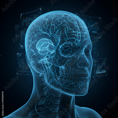 Detailed 3D rendering of a human brain within a skull, scientific and medical