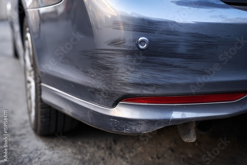 Rear bumper of a gray car with visible scratches and scuff marks.